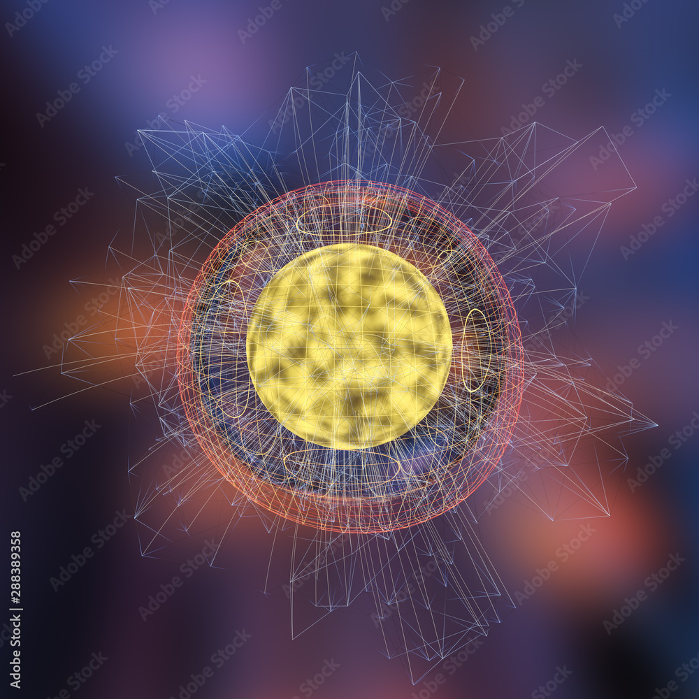 Colorful background and grid of atoms, 3d rendering