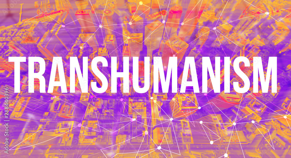 Transhumanism concept with neural network connectivity gradient city background