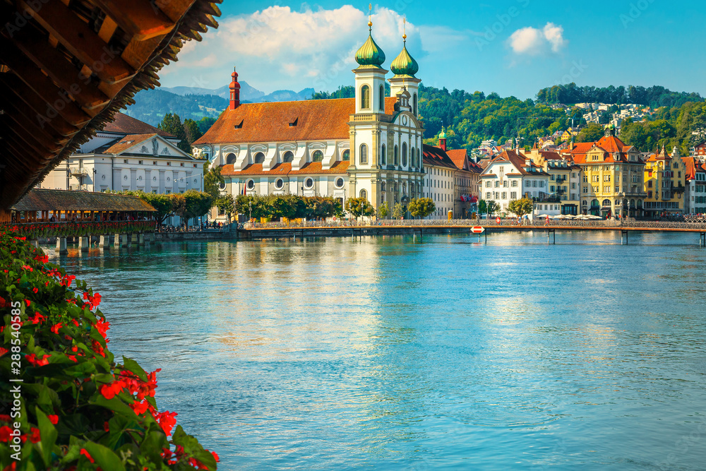 Beautiful cityscape with Reuss river from the Chapel bridge, Luzern