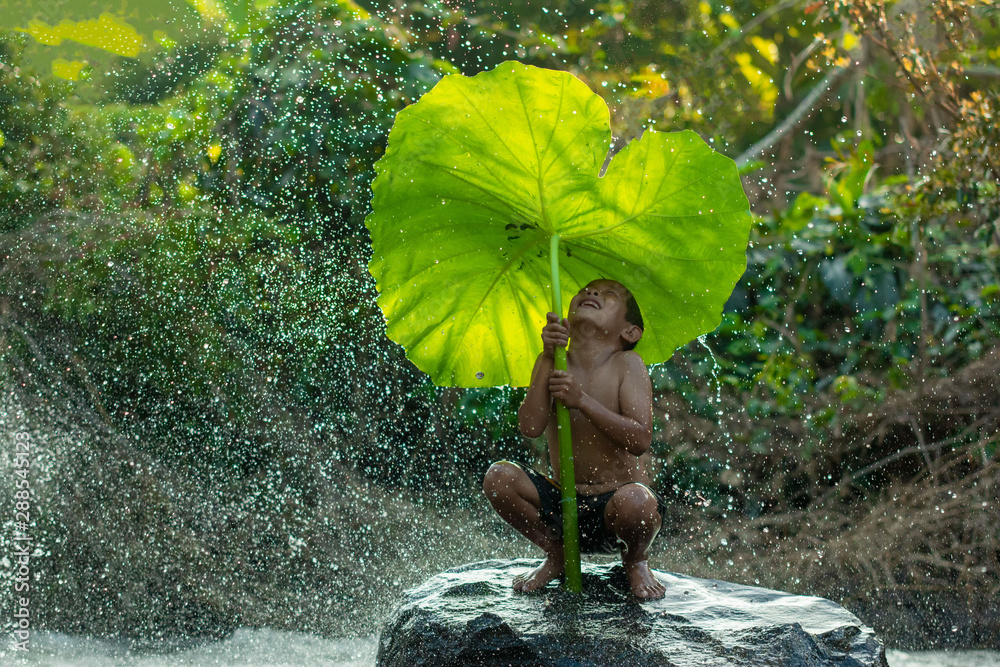 快乐时刻，男孩和绿叶在雨季。