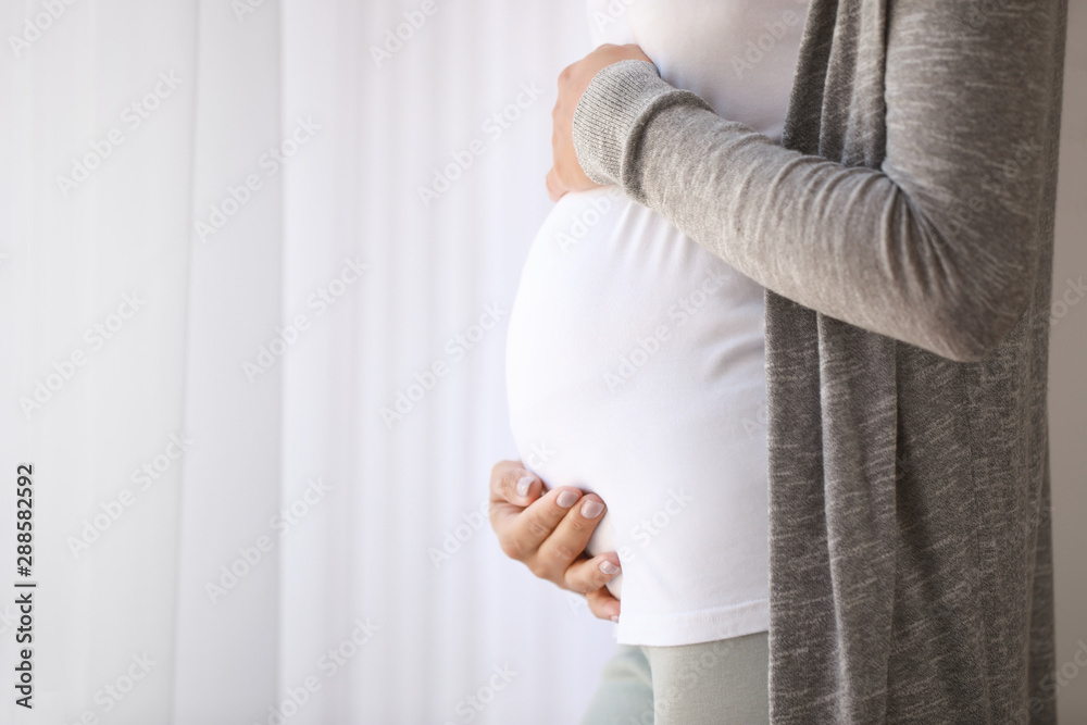 Young pregnant woman near window, closeup