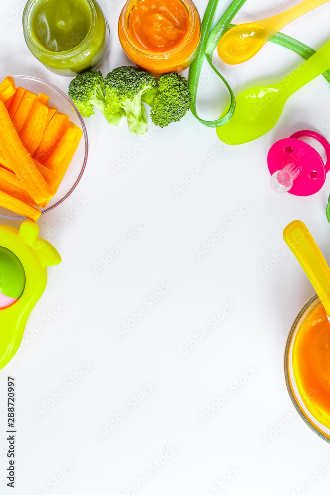 cooking vegetable puree for baby on white background top view