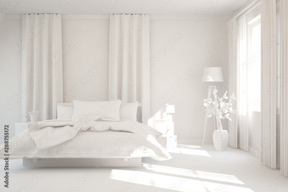 Modern bedroom in white color. Scandinavian interior design. 3D illustration