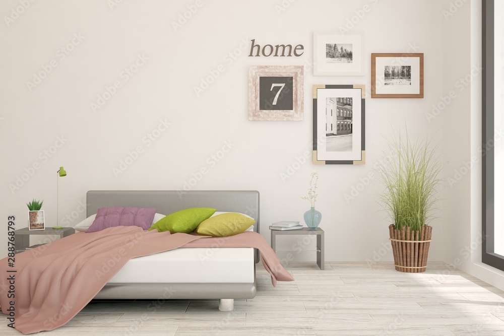 Stylish bedroom in white color. Scandinavian interior design. 3D illustration