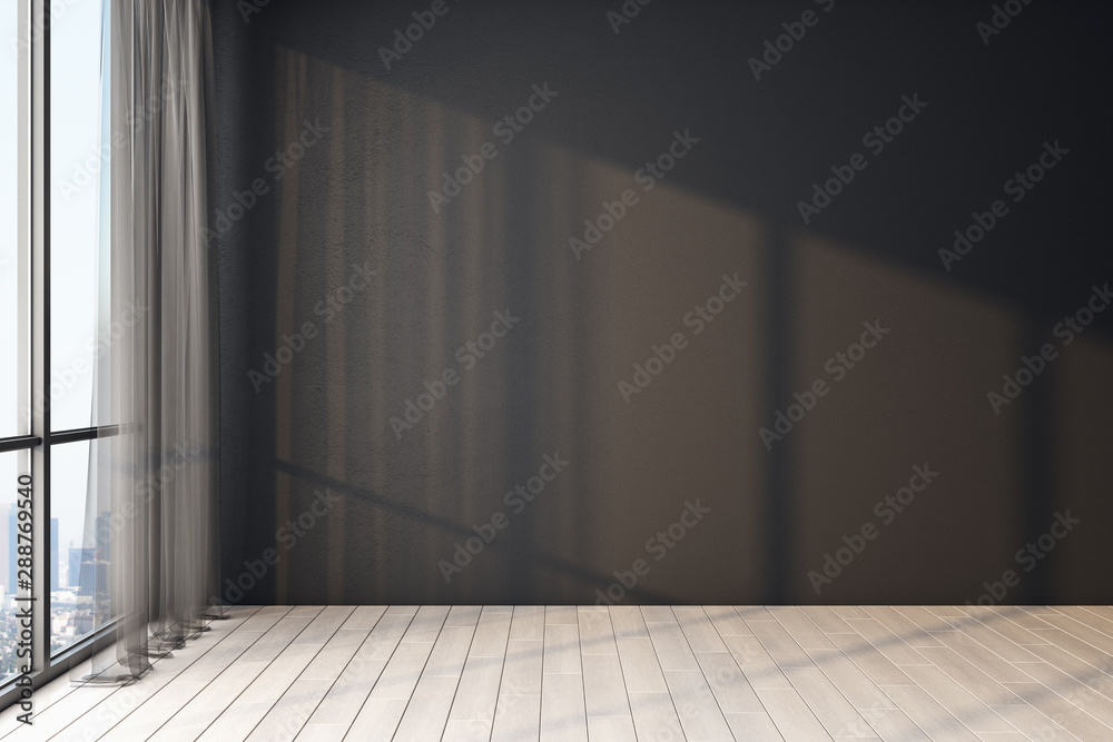 Modern light empty room with blank black wall, wooden floor and big window with city view.