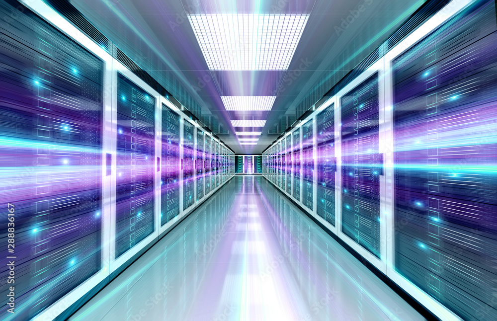 Servers data center room with bright speed light through the corridor 3D rendering