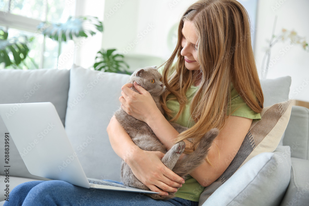 漂亮女人，带着可爱的猫和笔记本电脑坐在家里的沙发上