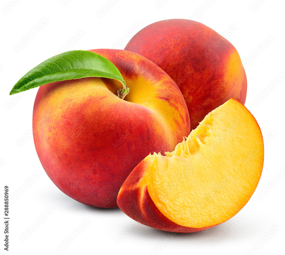 Peach isolate. Peach with slice on white background. Full depth of field. With clipping path.