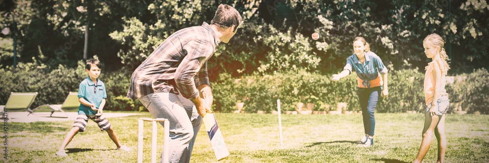 Happy family playing cricket in park