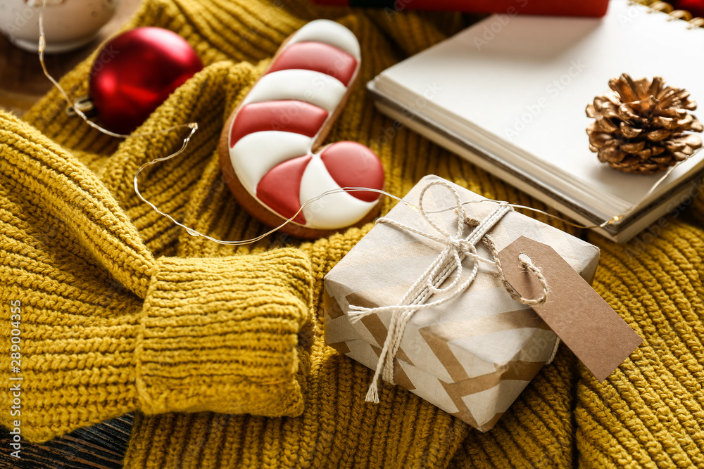 Christmas gift, cookie and notebook on warm sweater