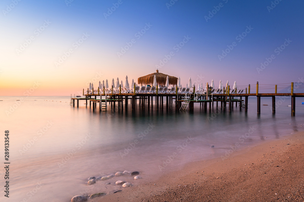 Beautiful sunrise at the beach of Turkish Riviera, Tekirova