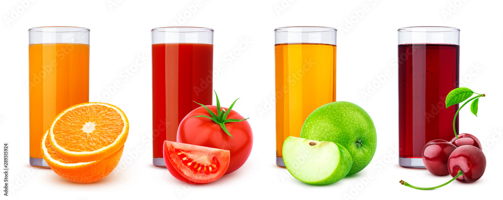 Glasses of different juice, fruits and berries isolated on white background