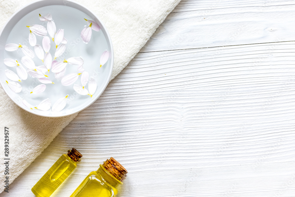 nail care and spa on wooden background top view