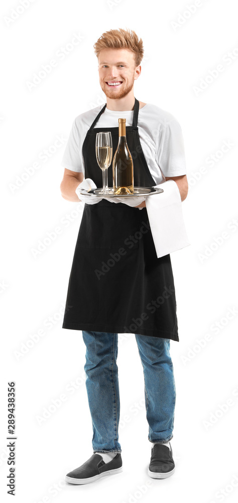 Handsome waiter with champagne on white background