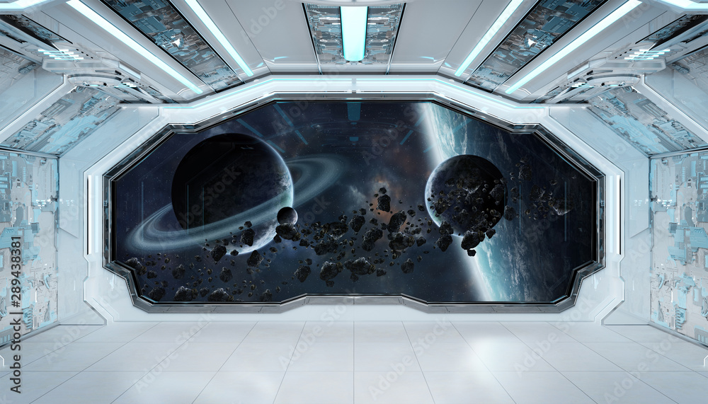 White blue spaceship futuristic interior with window view on space and planets 3d rendering