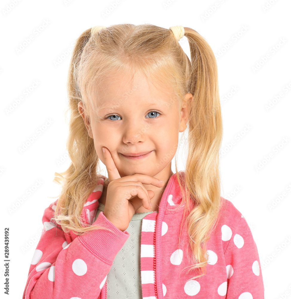 Thoughtful little girl on white background