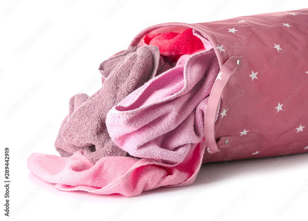 Basket with laundry on white background