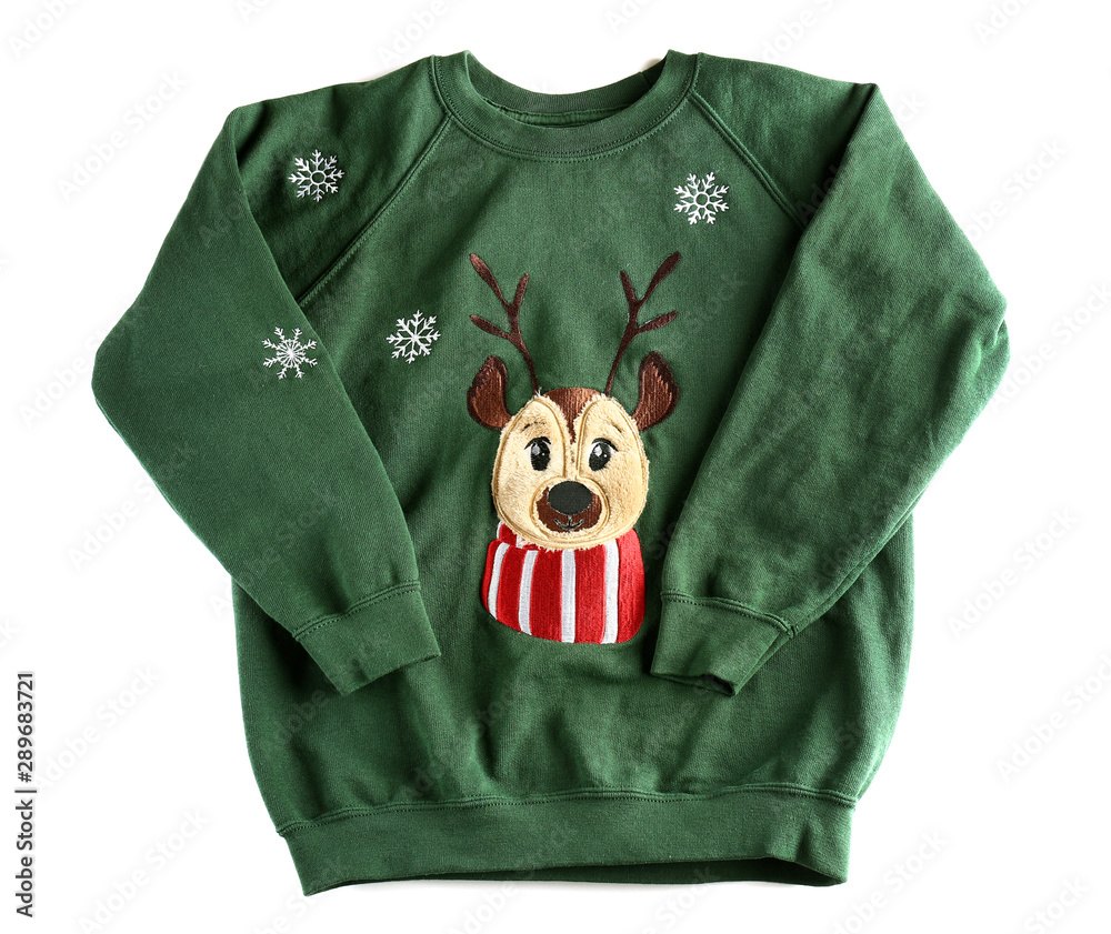 Funny Christmas sweater on white background