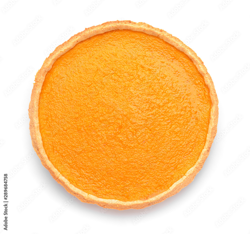 Tasty pumpkin pie on white background