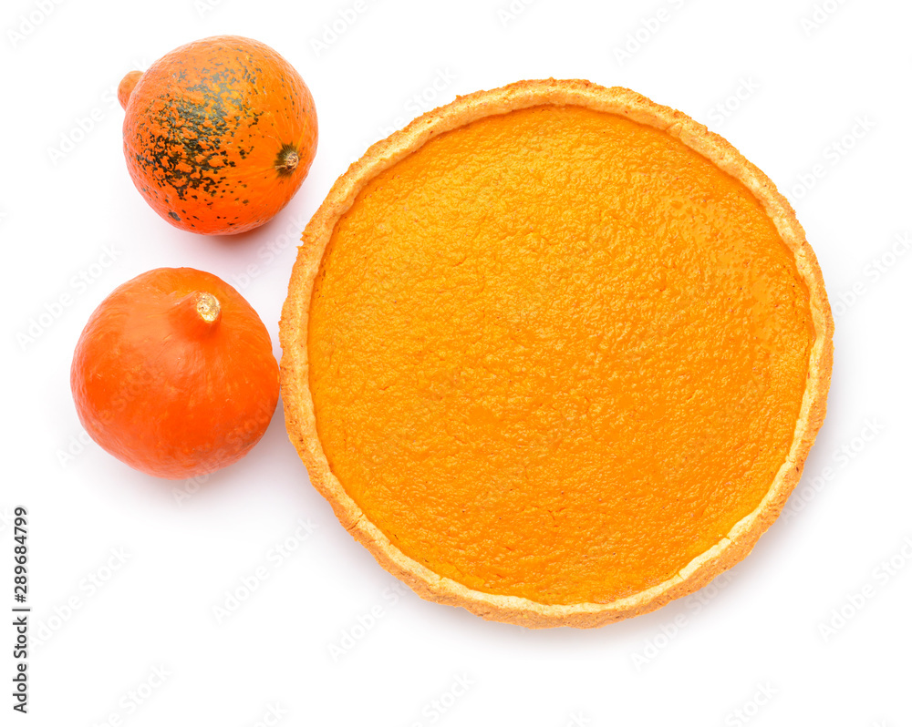 Tasty pumpkin pie on white background