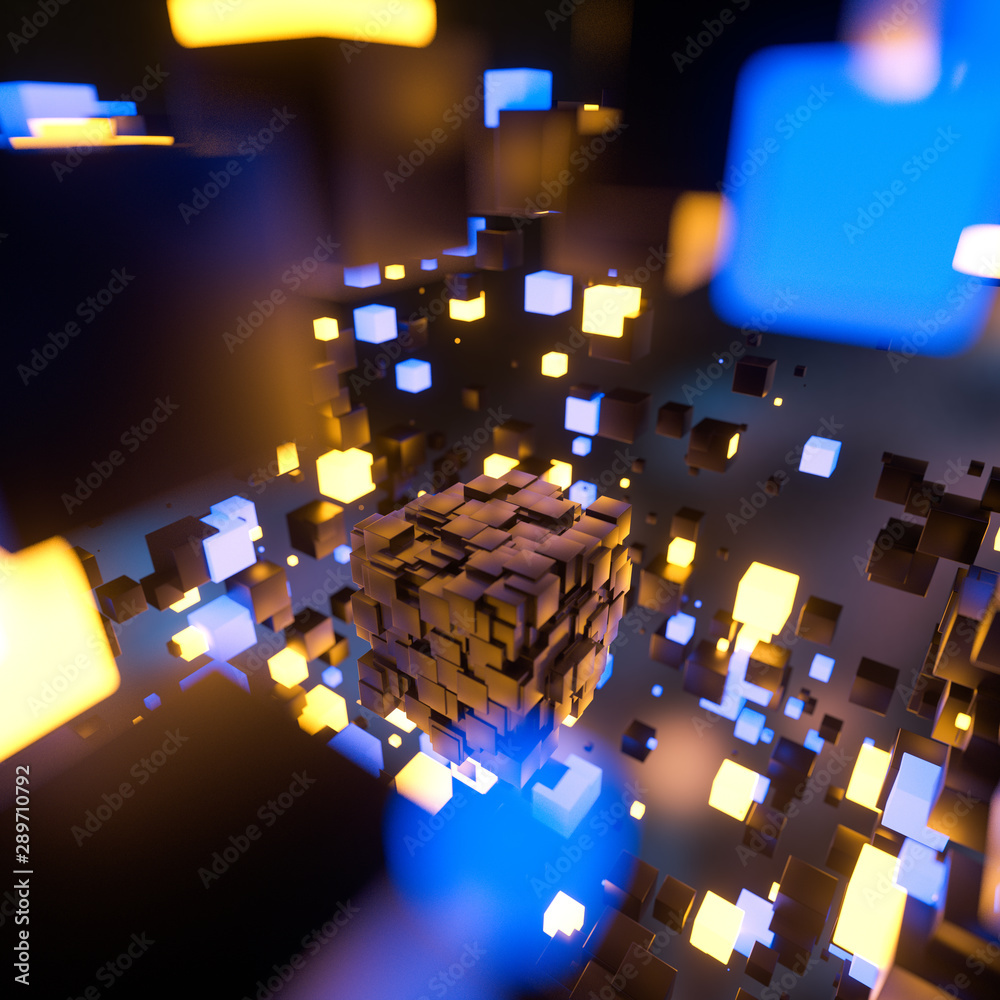 Dark cubes randomly distributed in the air, 3d rendering.