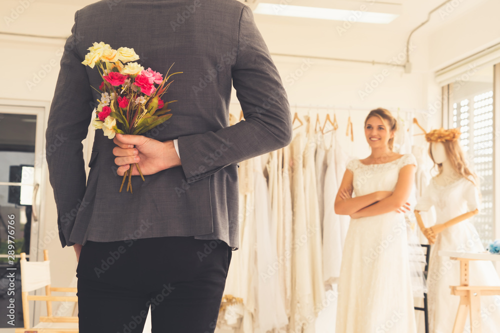 Happy bride and groom in wedding dress prepare for married in wedding ceremony. Romantic  love of ma