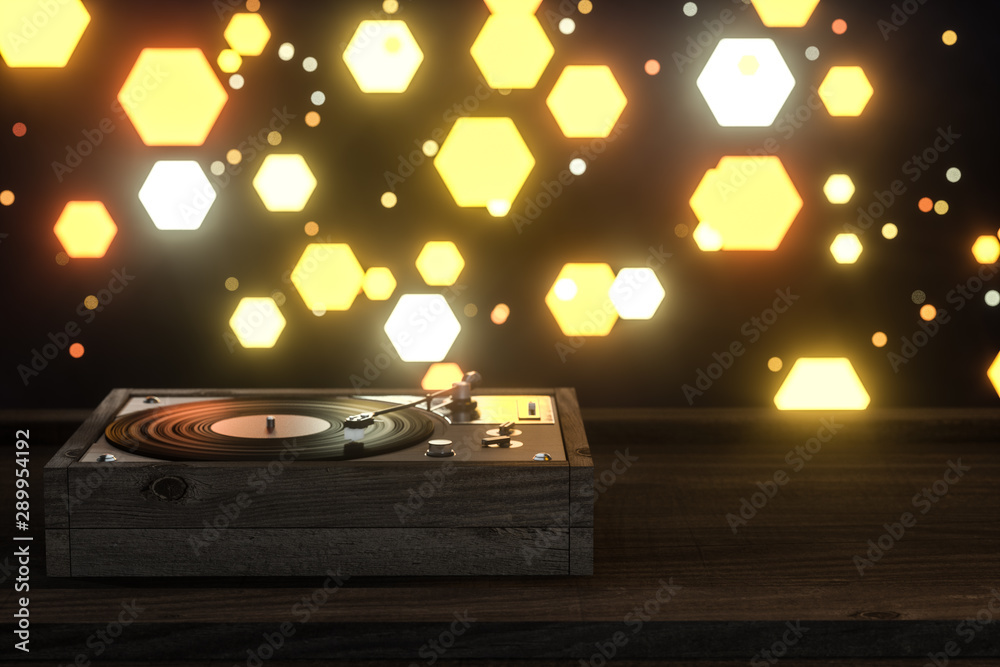 The old wooden vinyl record player on the table, 3d rendering.