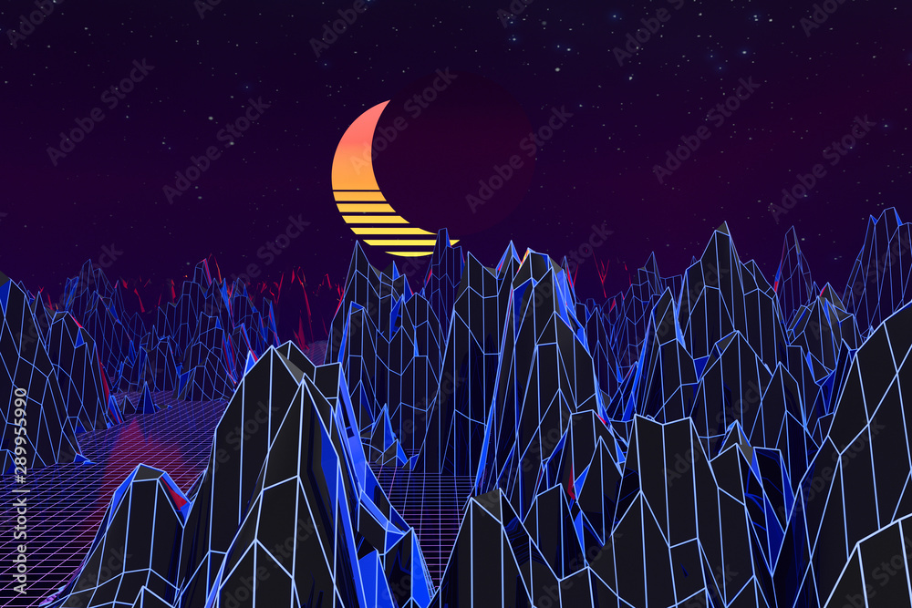 3d background Illustration Inspired by 80s Scene synthwave and retrowave.