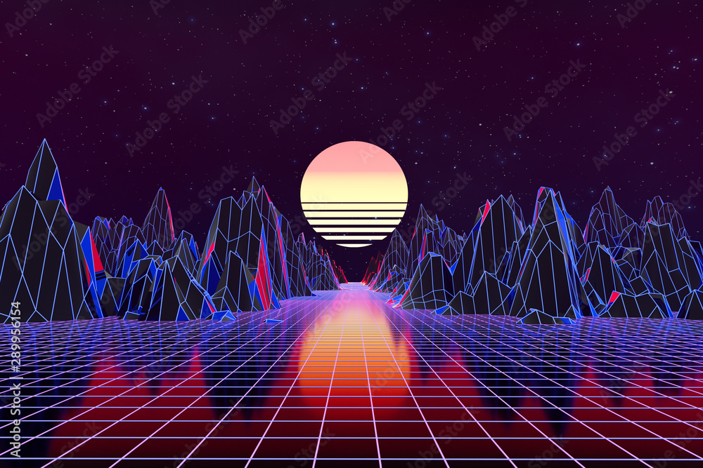 3d background Illustration Inspired by 80s Scene synthwave and retrowave.