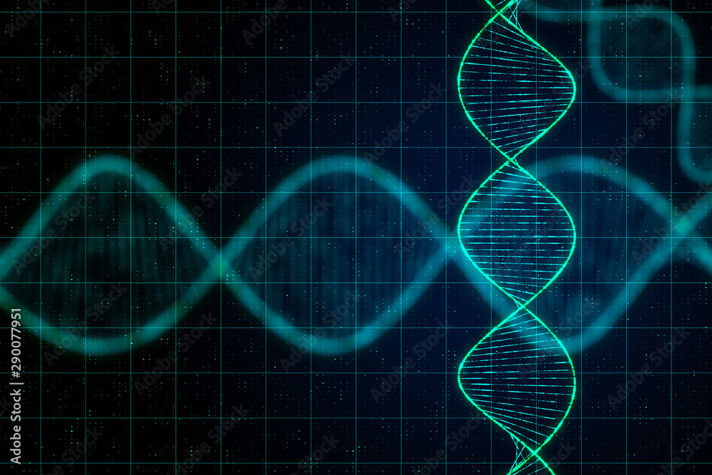 具有数字dna螺旋和抽象技术方格背景的科学技术概念。