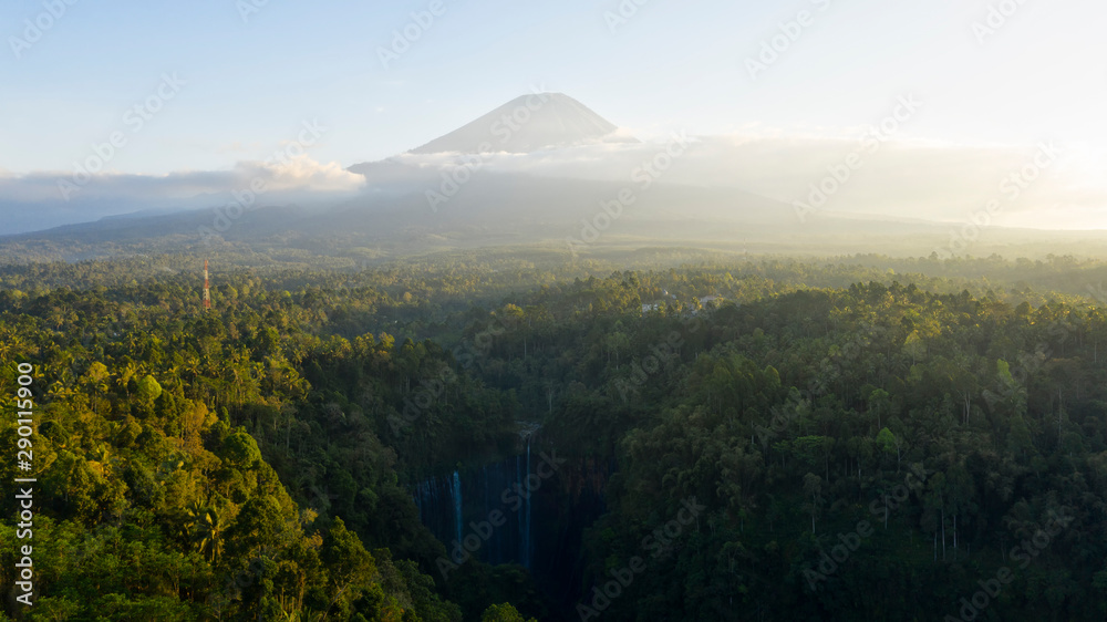 Tumpak Sewu Waterfall ,Lumajang, Jawa, Indonesia. Beautiful natural scenery. Aerial view and top vie