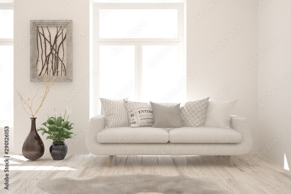 Stylish room in white color with sofa, vase and picture on a wall. Scandinavian interior design. 3D 