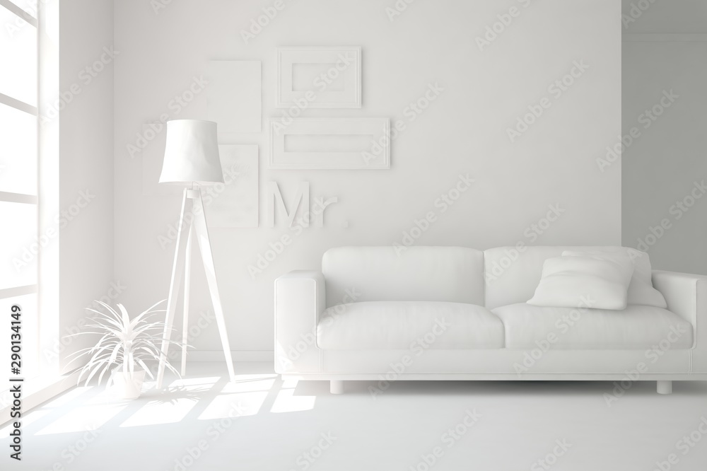 Mock up of stylish room in white color with sofa. Scandinavian interior design. 3D illustration