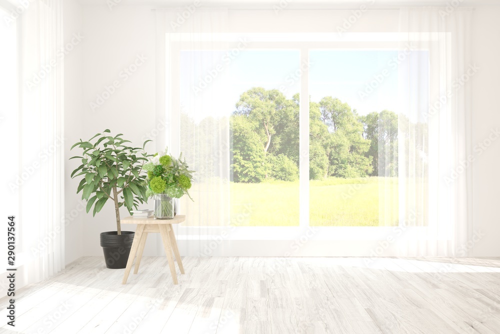 Stylish empty room in white color with summer landscape in window. Scandinavian interior design. 3D 