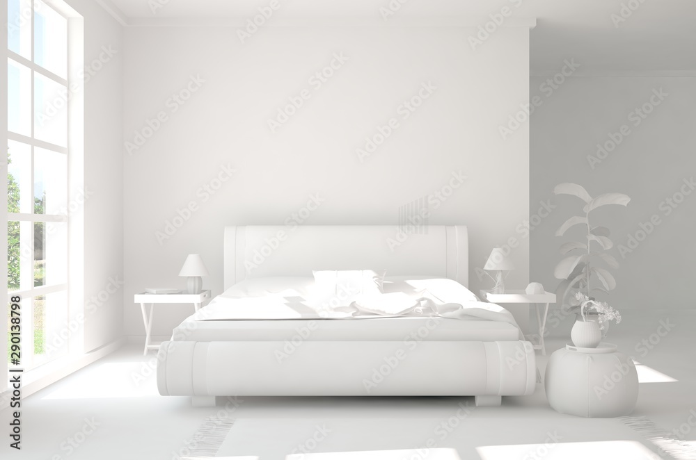 Modern bedroom in white color. Scandinavian interior design. 3D illustration