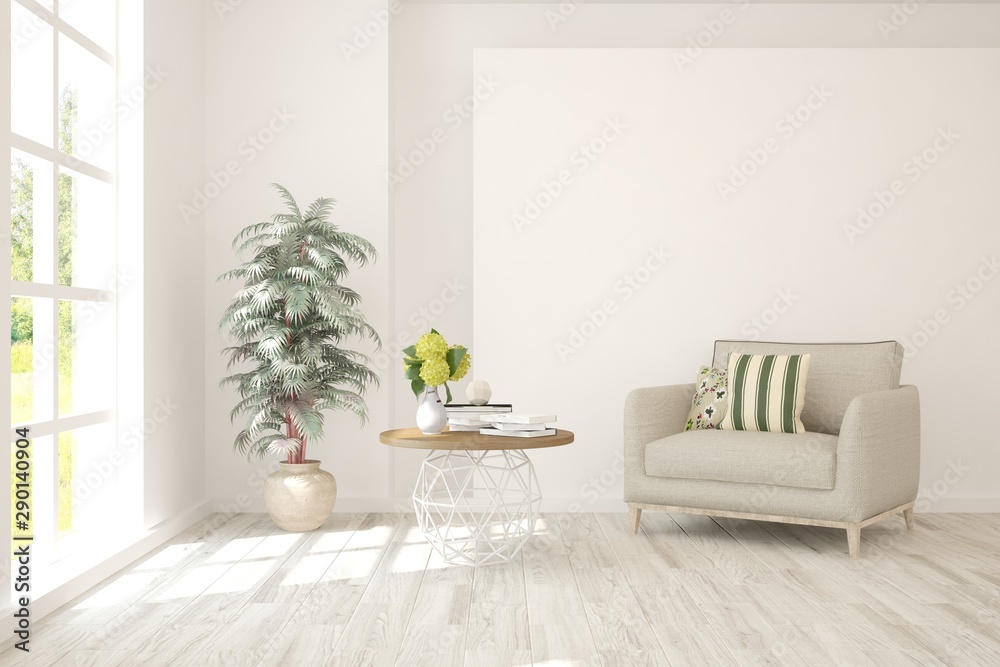 Stylish room in white color with armchair. Scandinavian interior design. 3D illustration