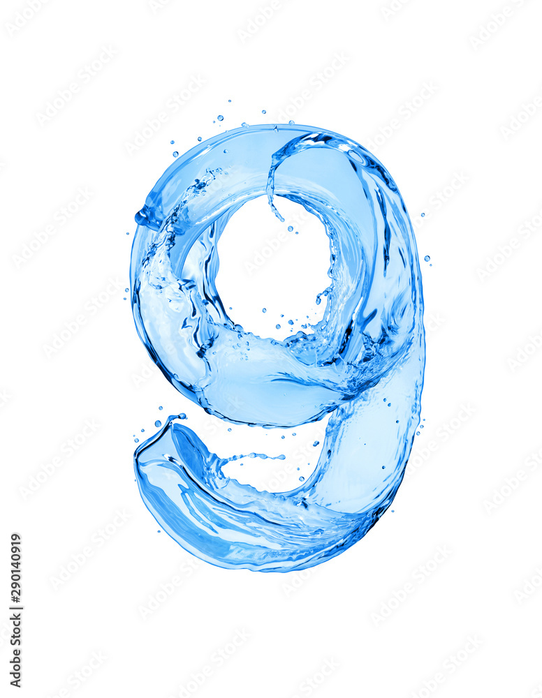 Number 9 made of water splashes, isolated on a white background