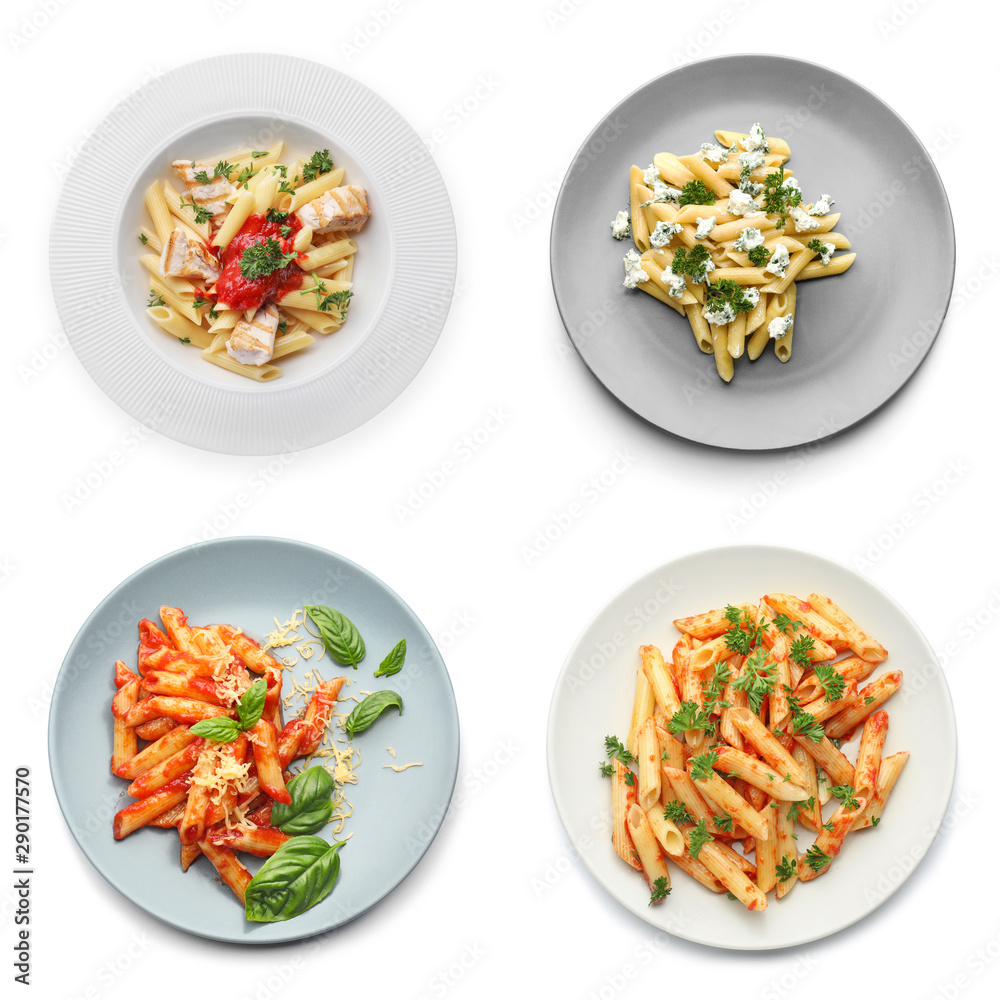 Different delicious pasta on white background