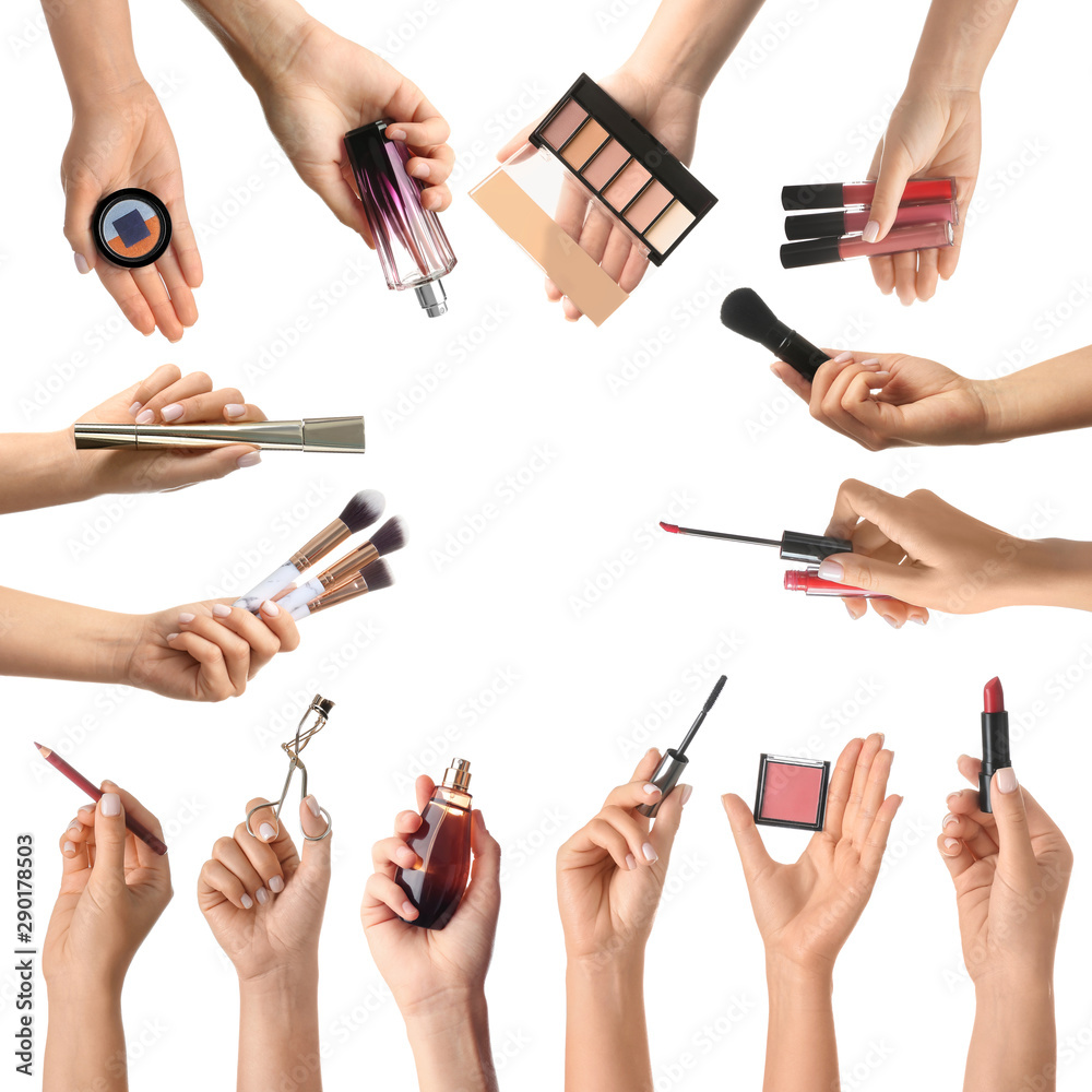 Female hands with makeup cosmetics and accessories on white background