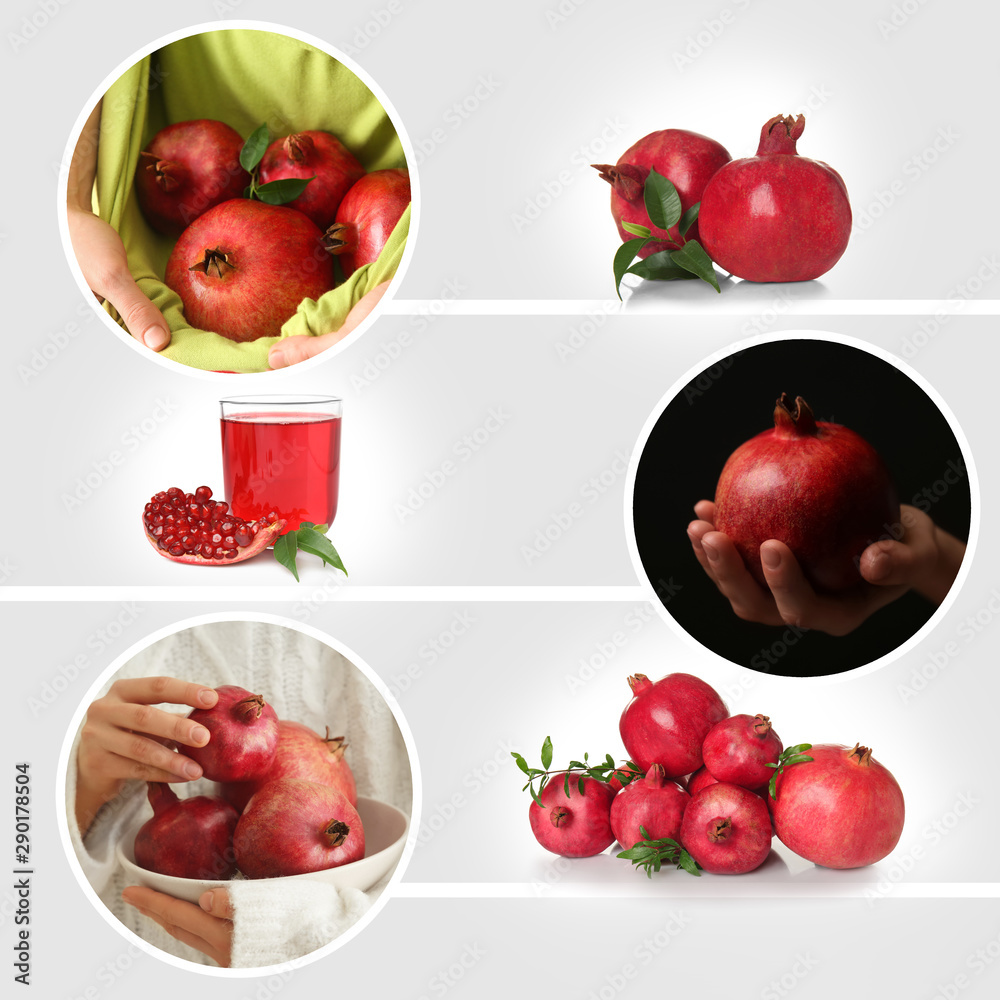 Collage with tasty ripe pomegranates and juice on grey background