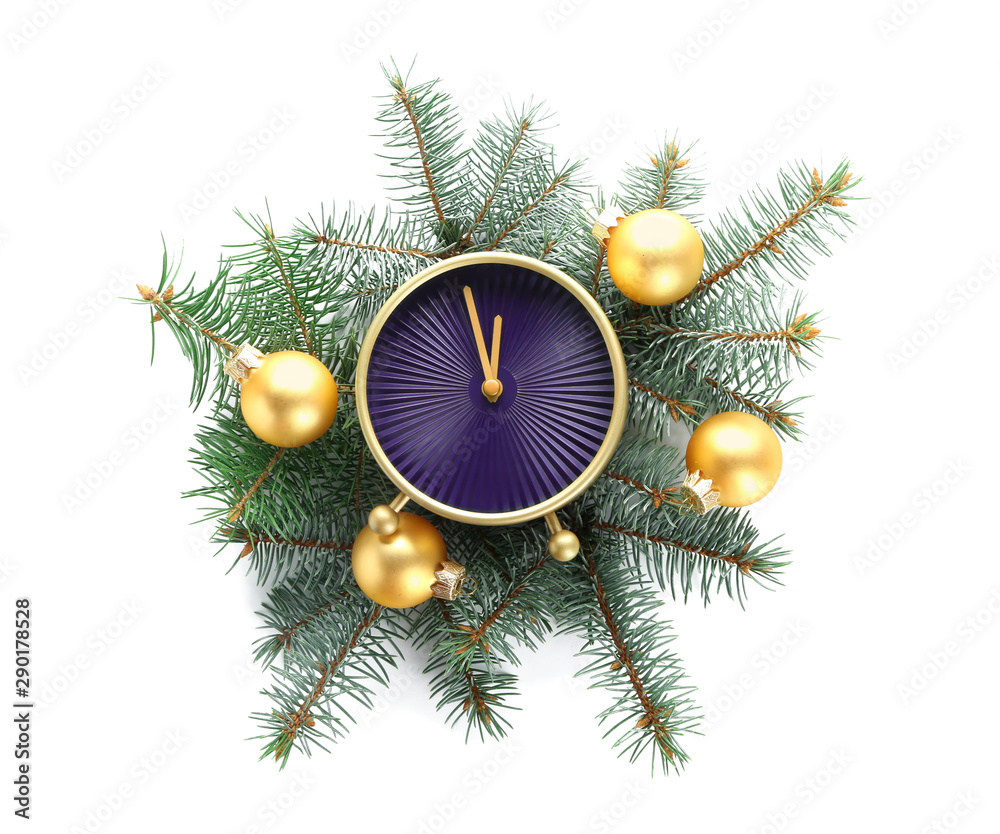 Alarm clock and festive decor on white background. Christmas countdown