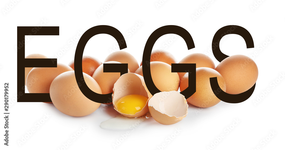 Cracked and whole chicken eggs on white background