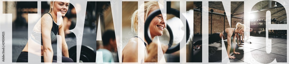 Collage of a fit young woman training at the gym