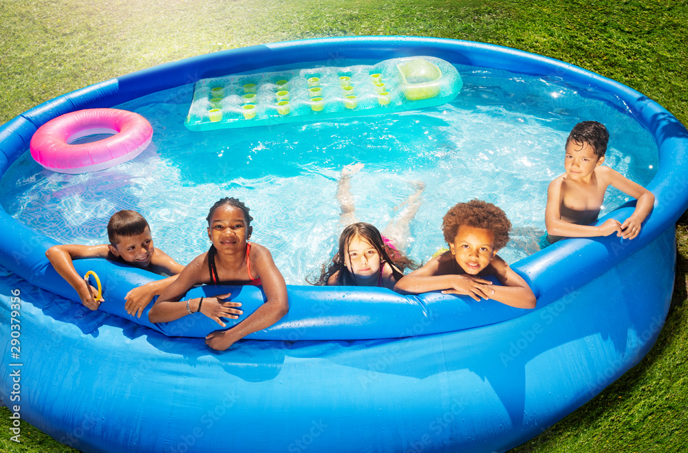 View from above of children group in swimming pool