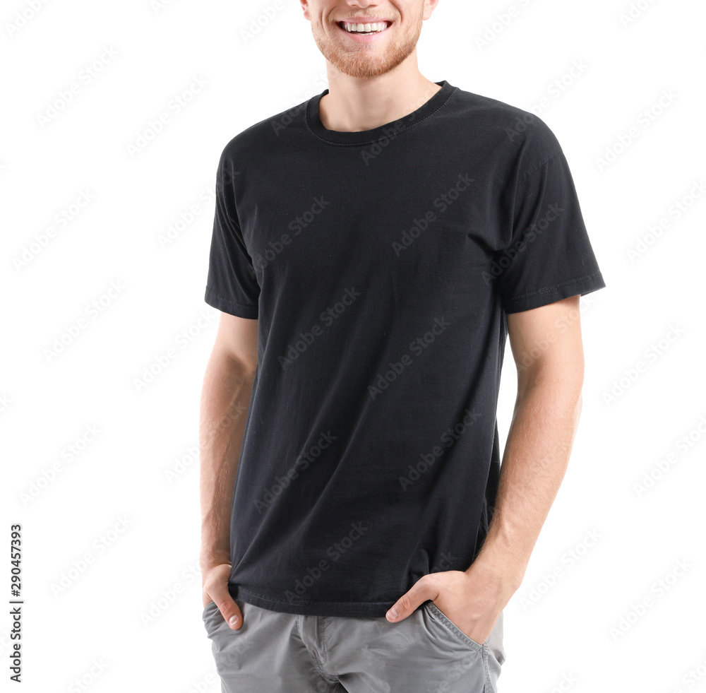 Man in stylish t-shirt on white background