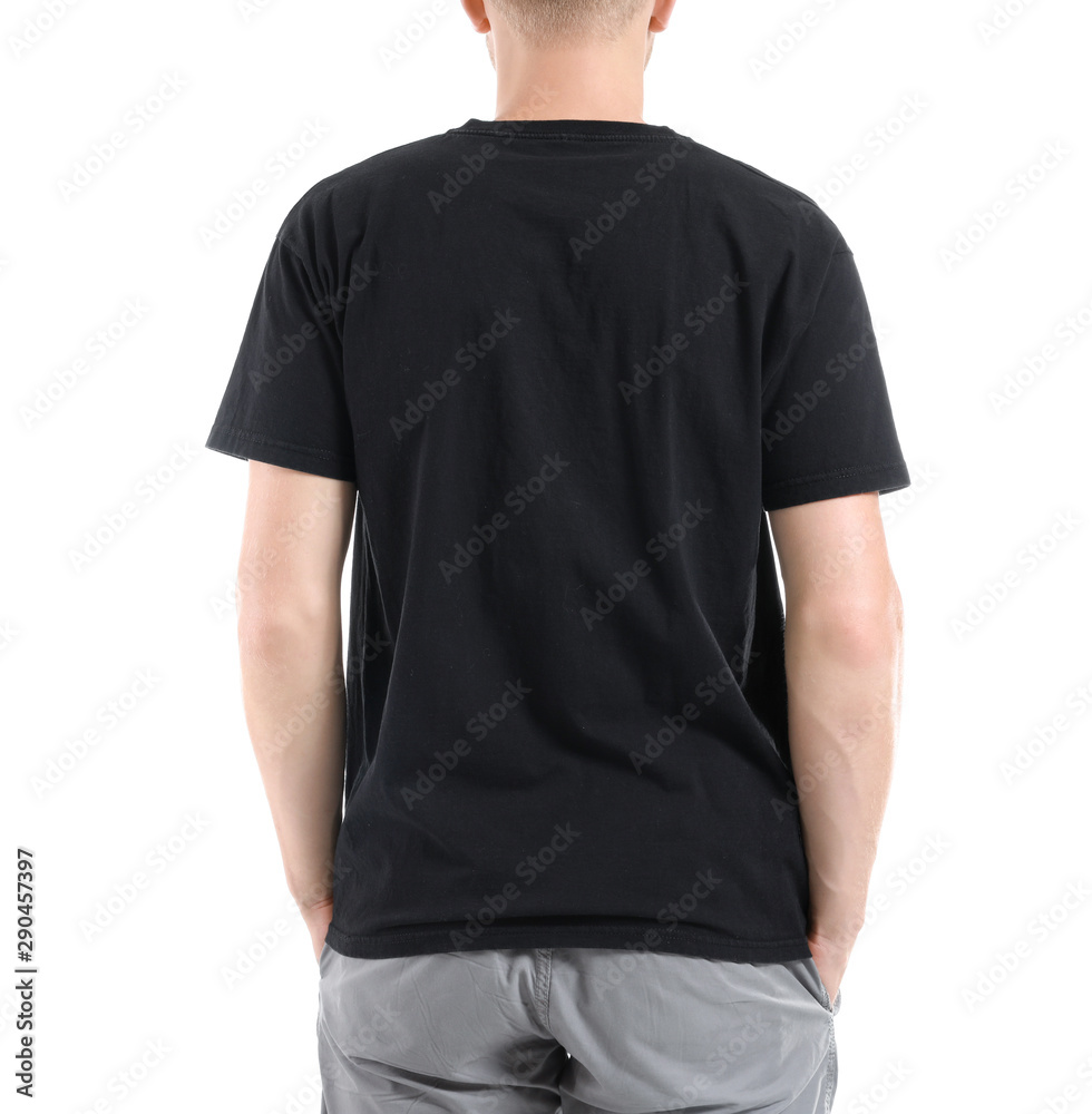 Man in stylish t-shirt on white background, back view