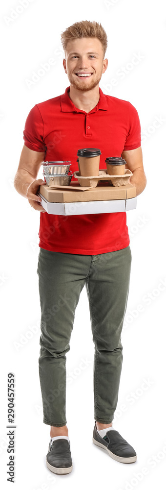 Handsome worker of food delivery service on white background