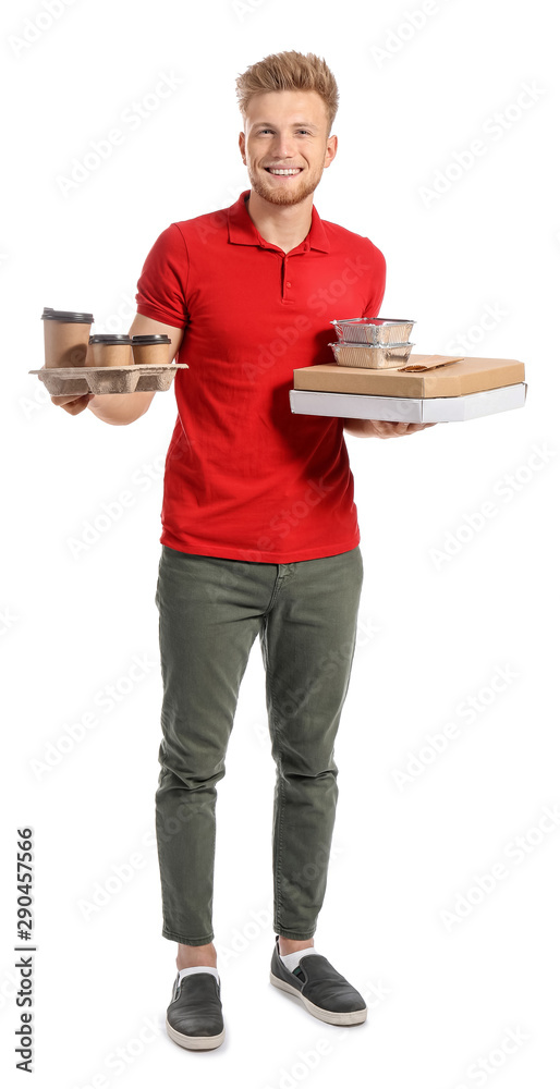 Handsome worker of food delivery service on white background