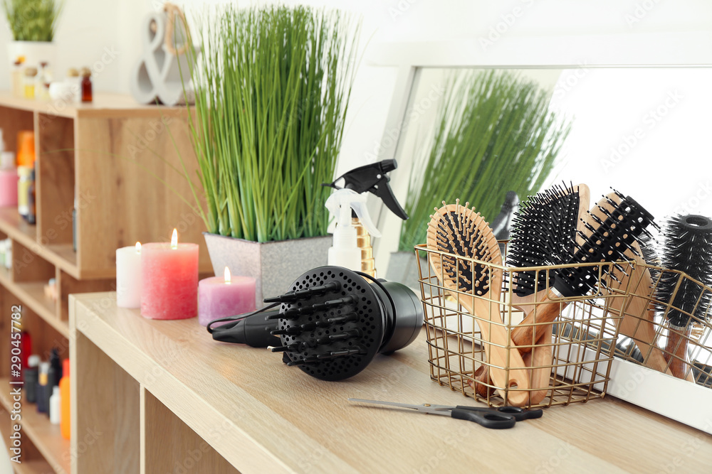 Hairdresser tools on table in beauty salon