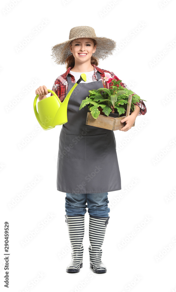 Portrait of female gardener on white background